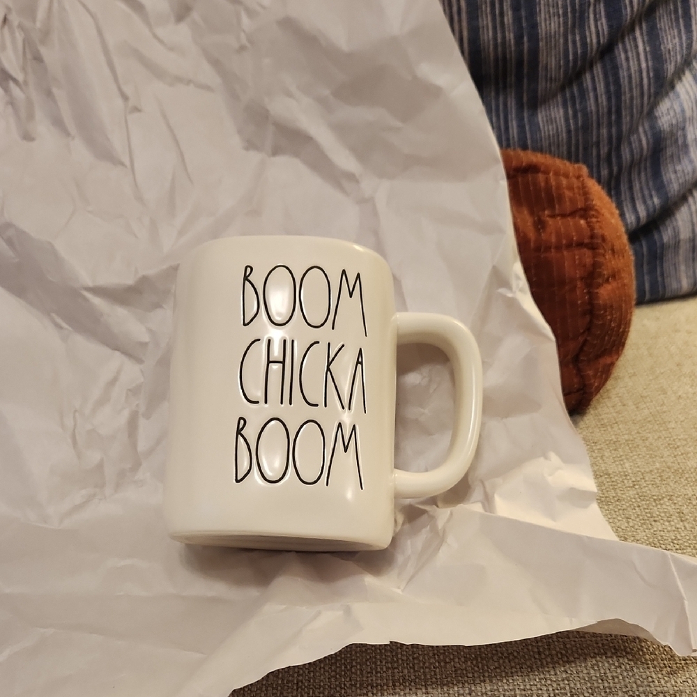 RAE DUn  White Mug with 'Boom Chicka Boom' Text